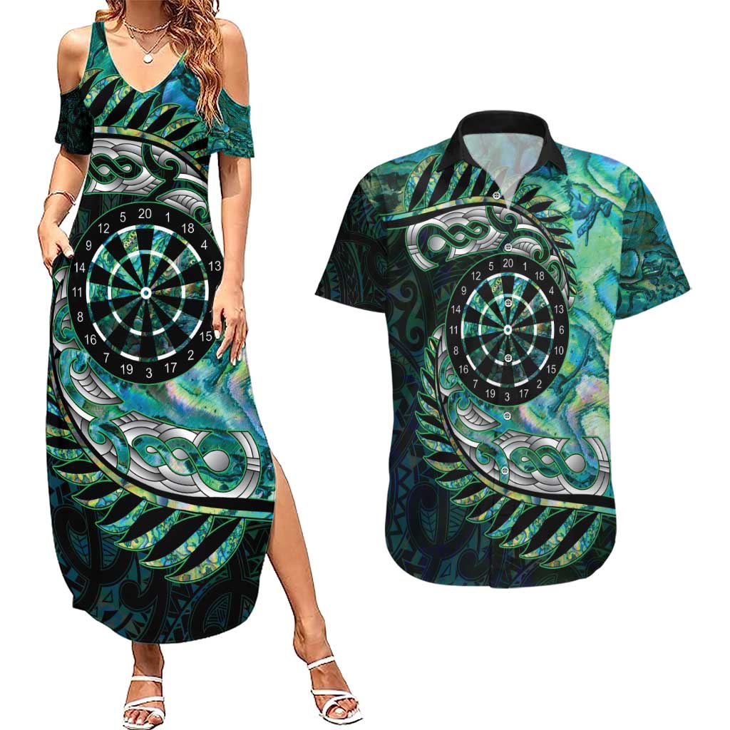 New Zealand Darts Personalised Couples Matching Summer Maxi Dress and Hawaiian Shirt Aotearoa Silver Fern Green Papua Shell Spirit LT9 Green - Polynesian Pride