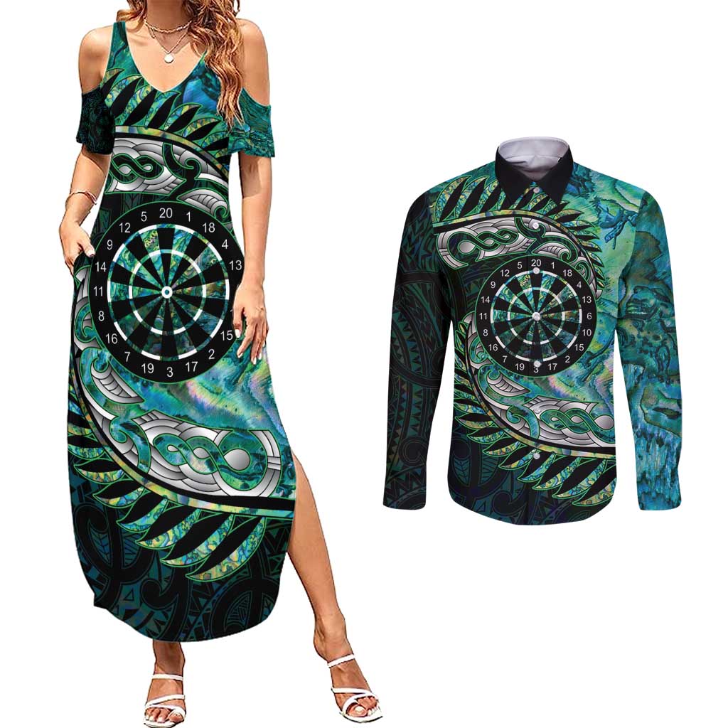 New Zealand Darts Personalised Couples Matching Summer Maxi Dress and Long Sleeve Button Shirt Aotearoa Silver Fern Green Papua Shell Spirit LT9 Green - Polynesian Pride