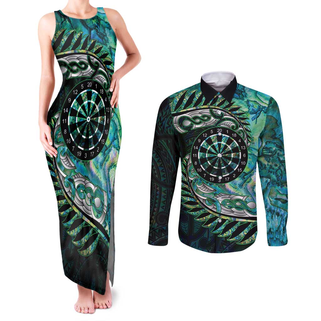 New Zealand Darts Personalised Couples Matching Tank Maxi Dress and Long Sleeve Button Shirt Aotearoa Silver Fern Green Papua Shell Spirit LT9 Green - Polynesian Pride