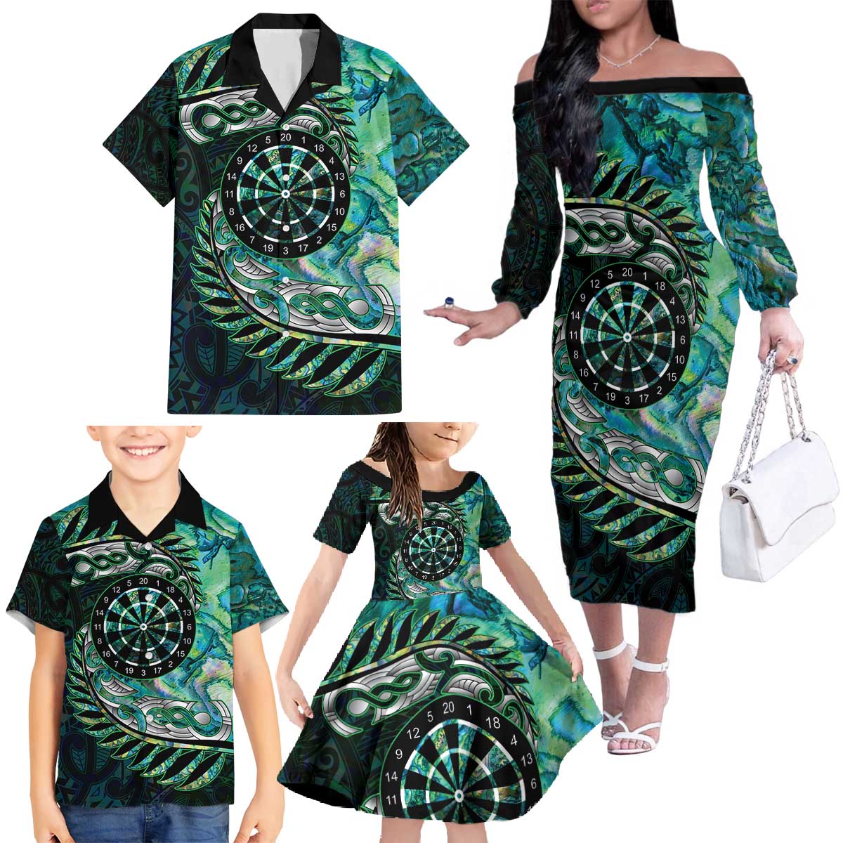 New Zealand Darts Personalised Family Matching Off The Shoulder Long Sleeve Dress and Hawaiian Shirt Aotearoa Silver Fern Green Papua Shell Spirit LT9 - Polynesian Pride