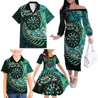 New Zealand Darts Personalised Family Matching Off The Shoulder Long Sleeve Dress and Hawaiian Shirt Aotearoa Silver Fern Green Papua Shell Spirit LT9 - Polynesian Pride