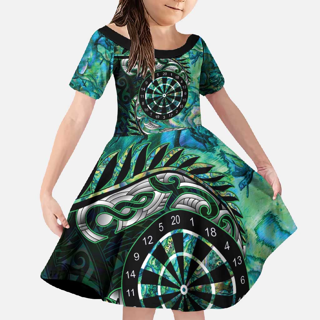 New Zealand Darts Personalised Family Matching Off Shoulder Maxi Dress and Hawaiian Shirt Aotearoa Silver Fern Green Papua Shell Spirit LT9 Daughter's Dress Green - Polynesian Pride