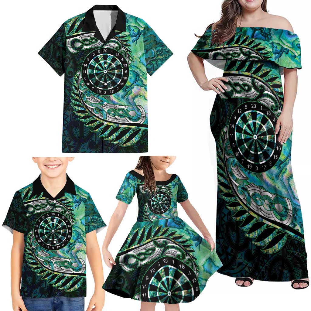 New Zealand Darts Personalised Family Matching Off Shoulder Maxi Dress and Hawaiian Shirt Aotearoa Silver Fern Green Papua Shell Spirit LT9 - Polynesian Pride
