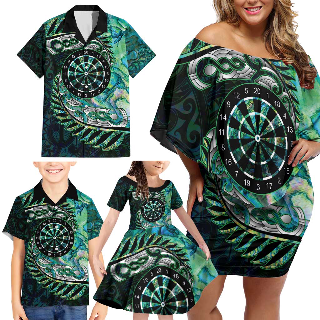 New Zealand Darts Personalised Family Matching Off Shoulder Short Dress and Hawaiian Shirt Aotearoa Silver Fern Green Papua Shell Spirit LT9 - Polynesian Pride