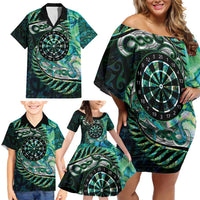 New Zealand Darts Personalised Family Matching Off Shoulder Short Dress and Hawaiian Shirt Aotearoa Silver Fern Green Papua Shell Spirit LT9 - Polynesian Pride