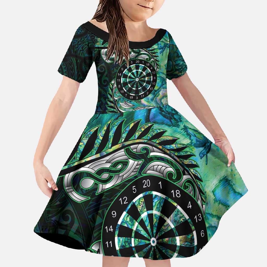 New Zealand Darts Personalised Family Matching Tank Maxi Dress and Hawaiian Shirt Aotearoa Silver Fern Green Papua Shell Spirit LT9 Daughter's Dress Green - Polynesian Pride