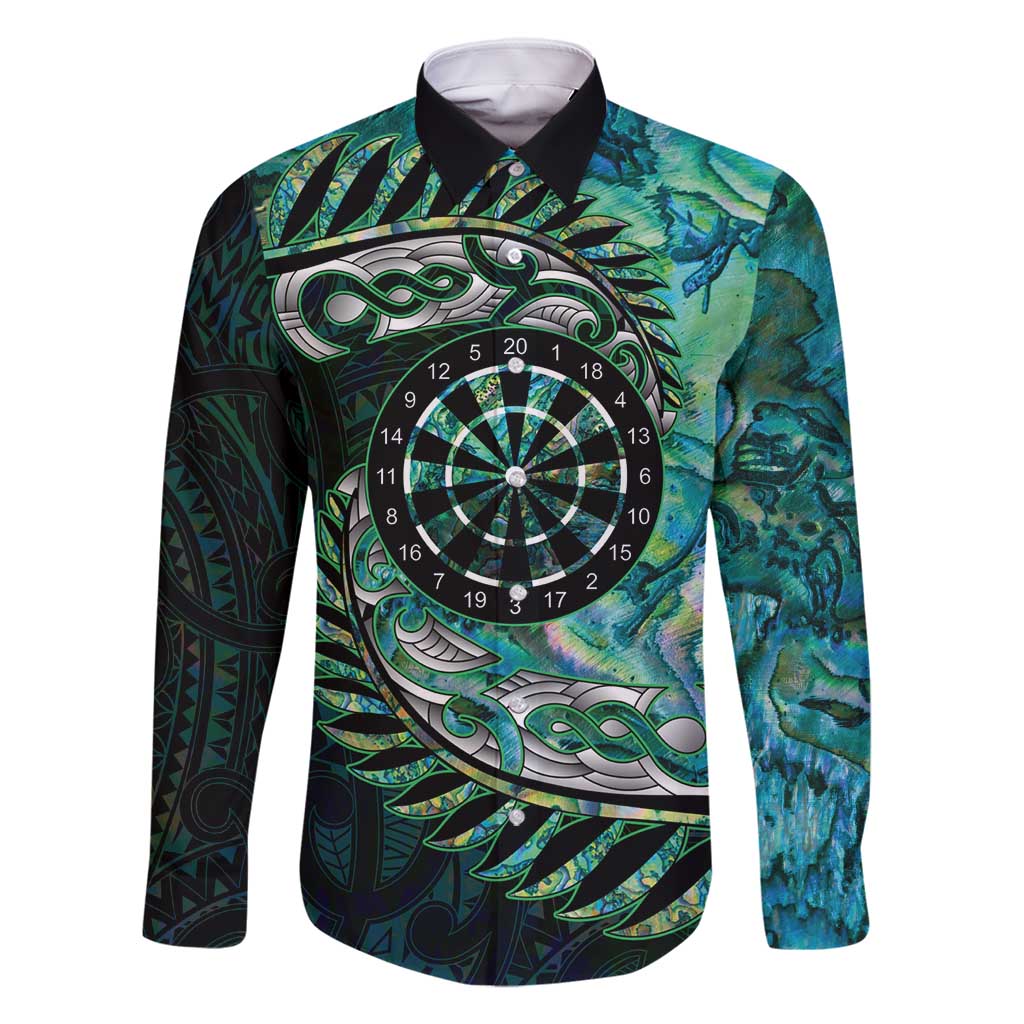 New Zealand Darts Personalised Family Matching Tank Maxi Dress and Hawaiian Shirt Aotearoa Silver Fern Green Papua Shell Spirit LT9 Dad's Shirt - Long Sleeve Green - Polynesian Pride