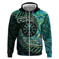 New Zealand Darts Personalised Hoodie Aotearoa Silver Fern Green Papua Shell Spirit LT9 Zip Hoodie Green - Polynesian Pride
