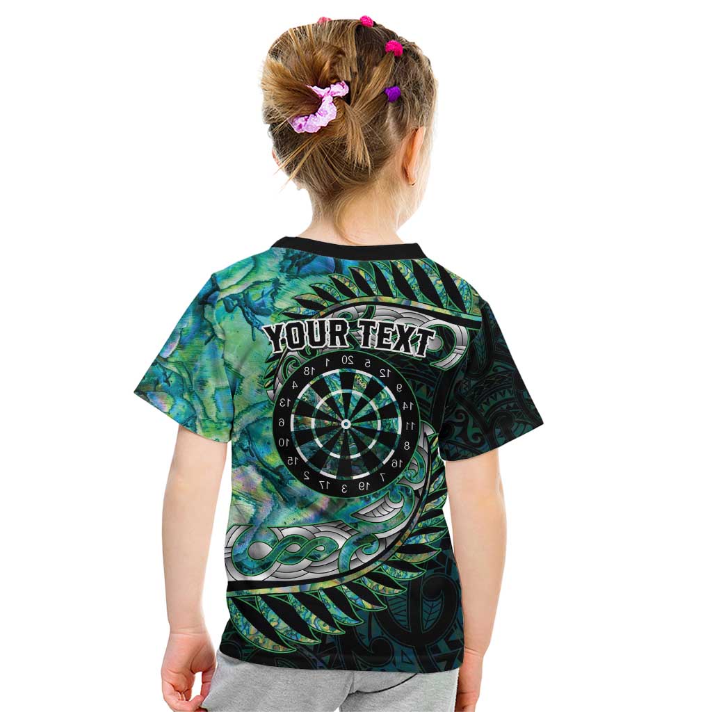 New Zealand Darts Personalised Kid T Shirt Aotearoa Silver Fern Green Papua Shell Spirit LT9 - Polynesian Pride