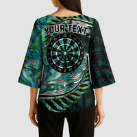 New Zealand Darts Personalised Kimono Sleeve Blouse Aotearoa Silver Fern Green Papua Shell Spirit LT9 - Polynesian Pride