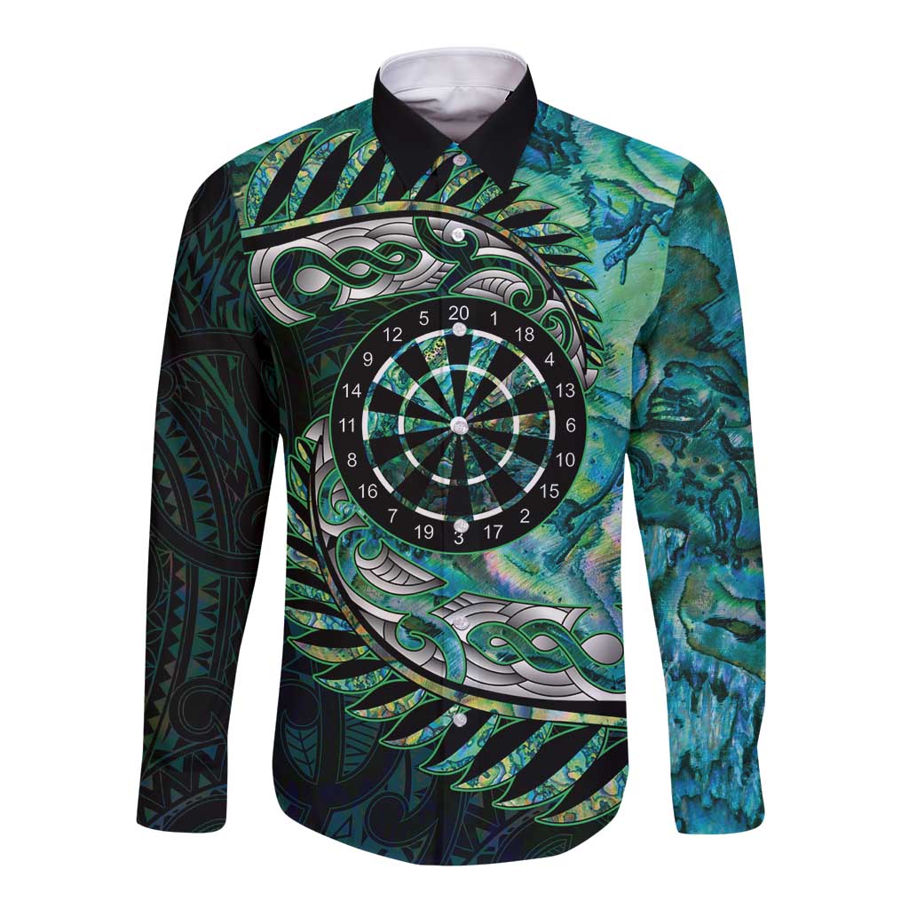 New Zealand Darts Personalised Long Sleeve Button Shirt Aotearoa Silver Fern Green Papua Shell Spirit LT9 Unisex Green - Polynesian Pride