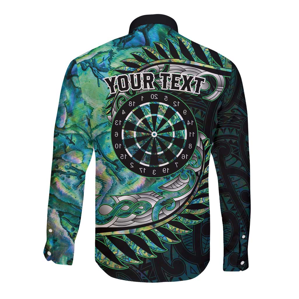 New Zealand Darts Personalised Long Sleeve Button Shirt Aotearoa Silver Fern Green Papua Shell Spirit LT9 - Polynesian Pride