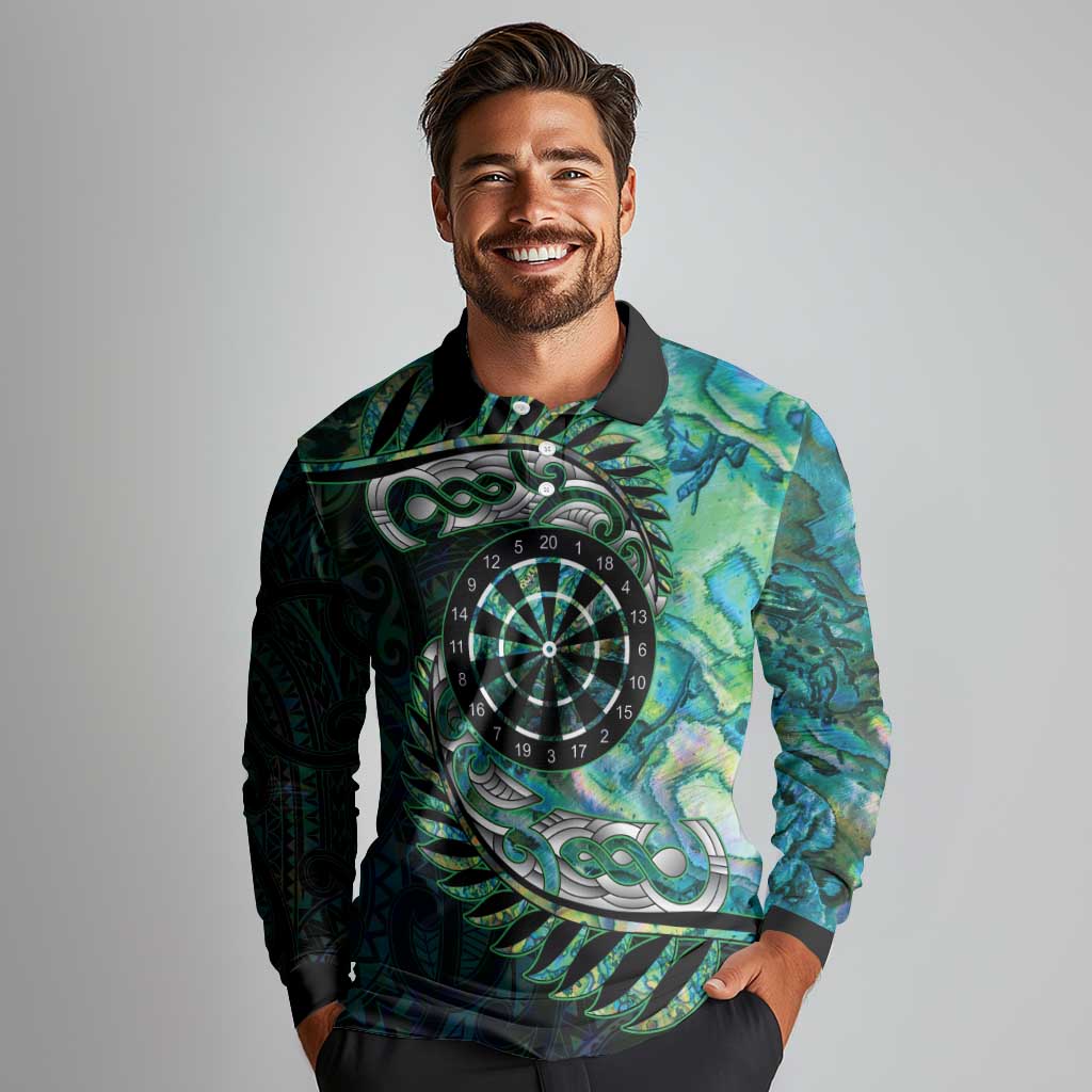 New Zealand Darts Personalised Long Sleeve Polo Shirt Aotearoa Silver Fern Green Papua Shell Spirit LT9 - Polynesian Pride