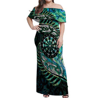 New Zealand Darts Personalised Off Shoulder Maxi Dress Aotearoa Silver Fern Green Papua Shell Spirit LT9 Women Green - Polynesian Pride
