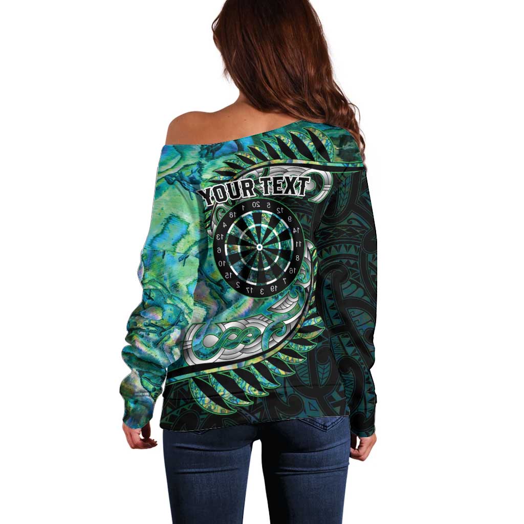 New Zealand Darts Personalised Off Shoulder Sweater Aotearoa Silver Fern Green Papua Shell Spirit LT9 - Polynesian Pride