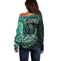 New Zealand Darts Personalised Off Shoulder Sweater Aotearoa Silver Fern Green Papua Shell Spirit LT9 - Polynesian Pride
