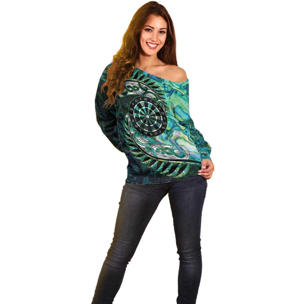 New Zealand Darts Personalised Off Shoulder Sweater Aotearoa Silver Fern Green Papua Shell Spirit LT9 - Polynesian Pride