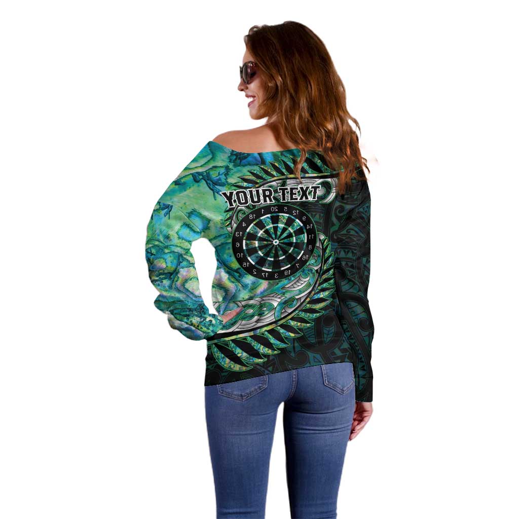 New Zealand Darts Personalised Off Shoulder Sweater Aotearoa Silver Fern Green Papua Shell Spirit LT9 - Polynesian Pride