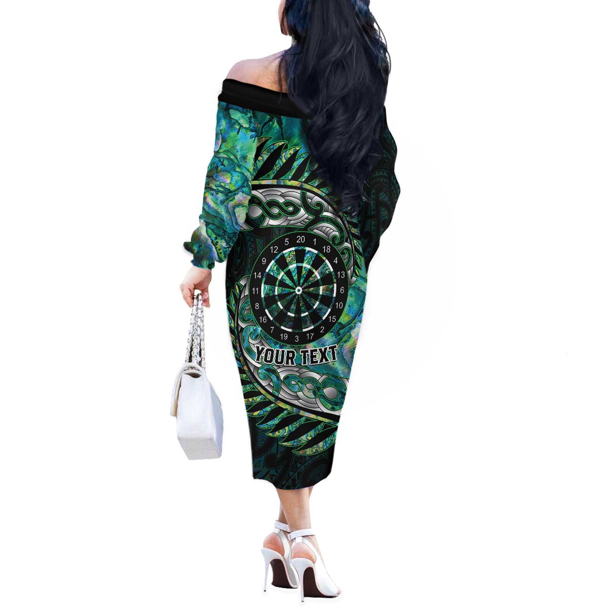 New Zealand Darts Personalised Off The Shoulder Long Sleeve Dress Aotearoa Silver Fern Green Papua Shell Spirit LT9 - Polynesian Pride