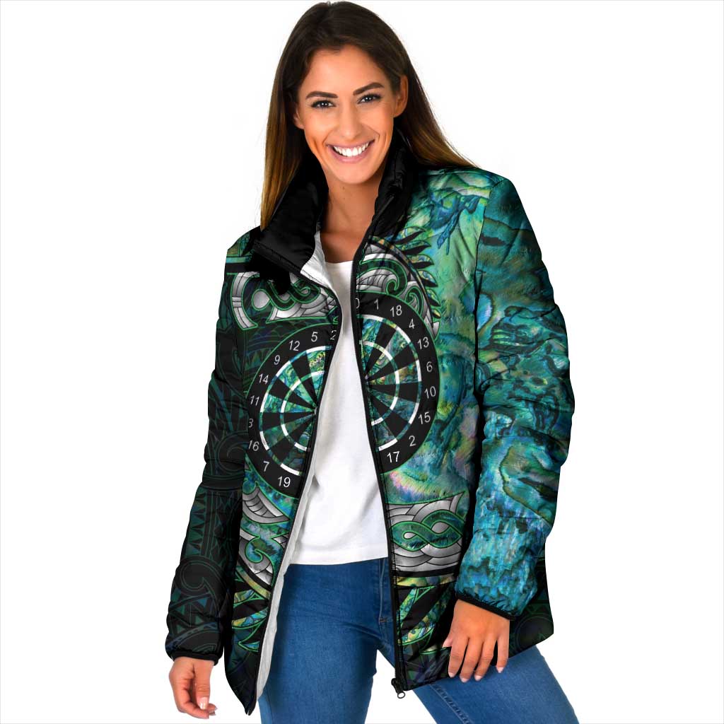 New Zealand Darts Personalised Padded Jacket Aotearoa Silver Fern Green Papua Shell Spirit LT9 Women Green - Polynesian Pride