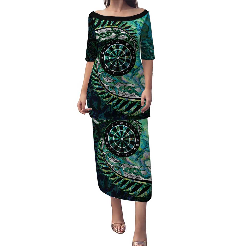New Zealand Darts Personalised Puletasi Aotearoa Silver Fern Green Papua Shell Spirit LT9 Long Dress Green - Polynesian Pride