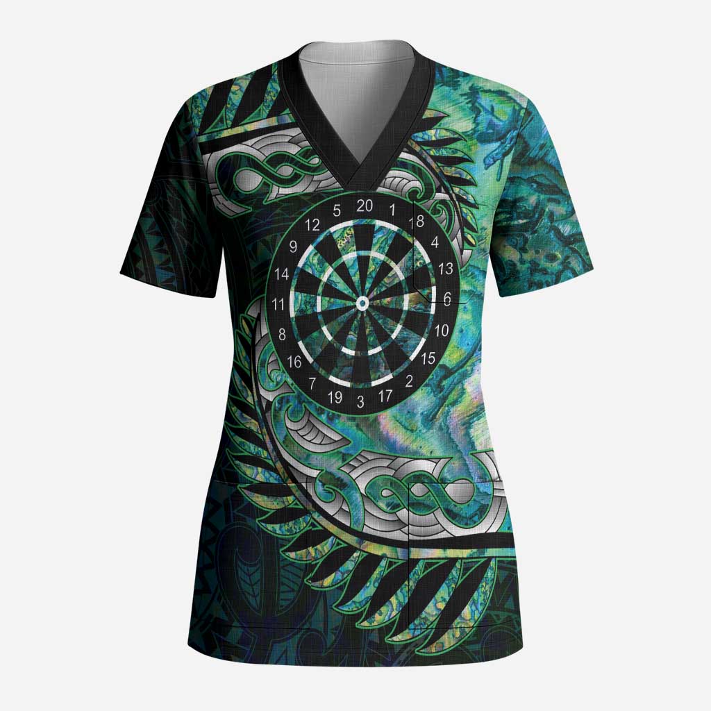 New Zealand Darts Personalised Scrub Top Aotearoa Silver Fern Green Papua Shell Spirit - Polynesian Pride