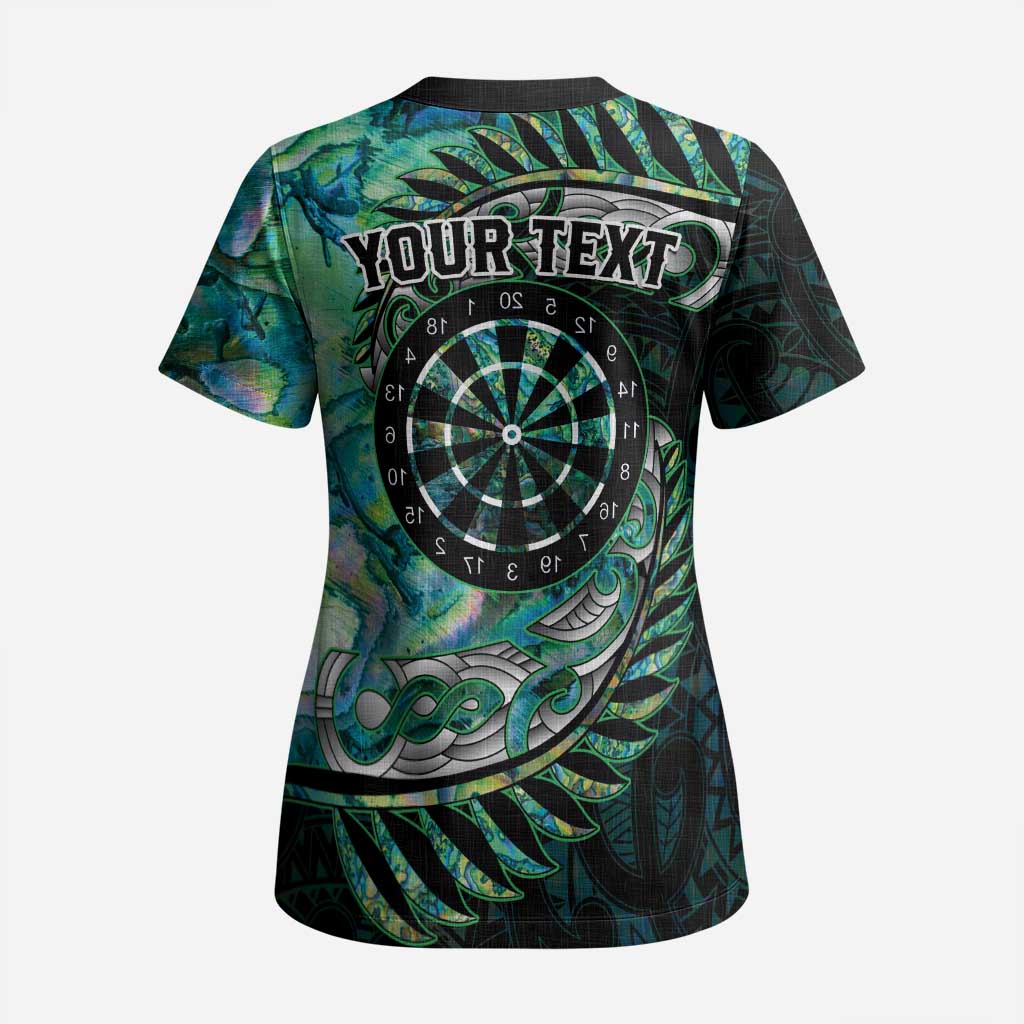 New Zealand Darts Personalised Scrub Top Aotearoa Silver Fern Green Papua Shell Spirit - Polynesian Pride