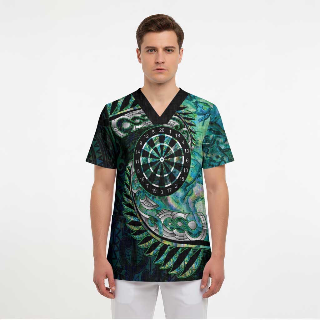 New Zealand Darts Personalised Scrub Top Aotearoa Silver Fern Green Papua Shell Spirit - Polynesian Pride
