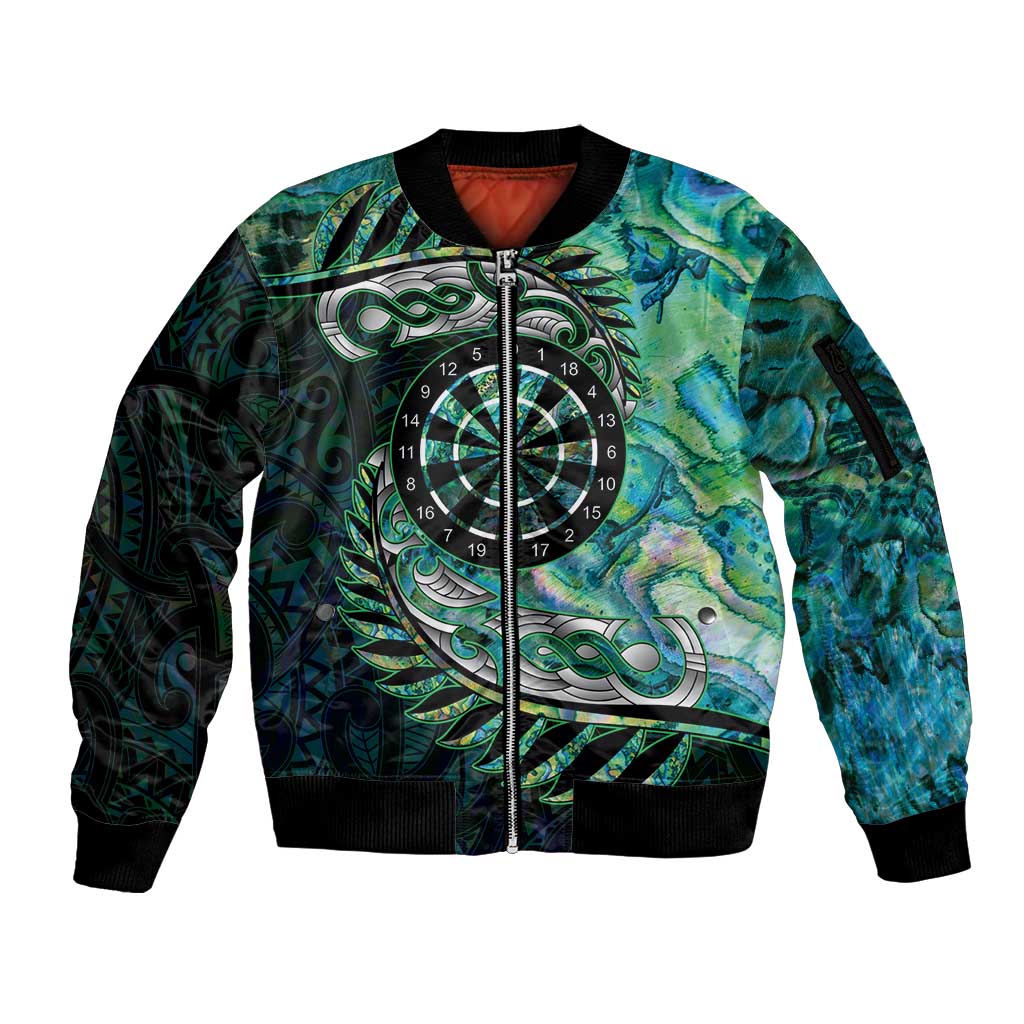 New Zealand Darts Personalised Sleeve Zip Bomber Jacket Aotearoa Silver Fern Green Papua Shell Spirit LT9 Unisex Green - Polynesian Pride