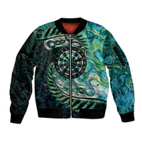 New Zealand Darts Personalised Sleeve Zip Bomber Jacket Aotearoa Silver Fern Green Papua Shell Spirit LT9 Unisex Green - Polynesian Pride