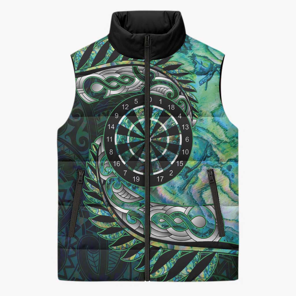 New Zealand Darts Personalised Sleeveless Puffer Jacket Aotearoa Silver Fern Green Papua Shell Spirit LT9 Unisex Green - Polynesian Pride