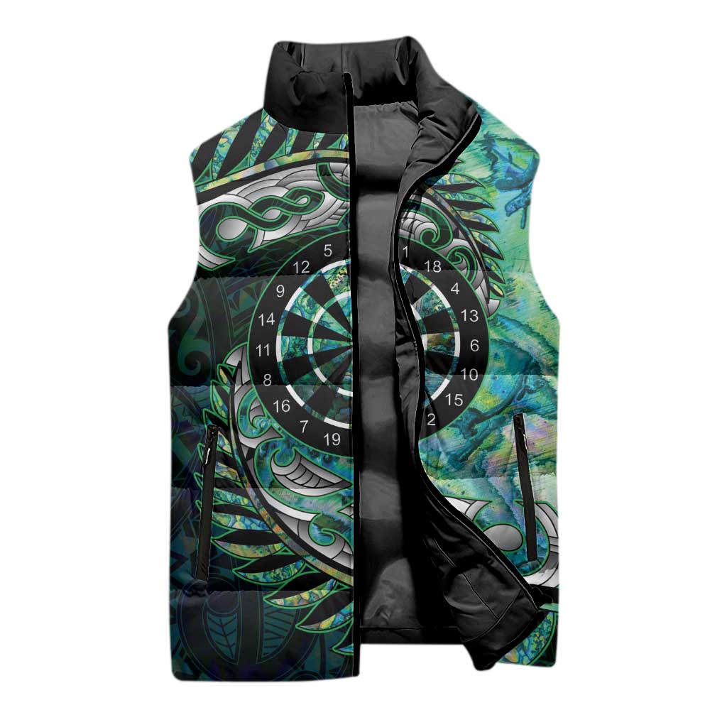 New Zealand Darts Personalised Sleeveless Puffer Jacket Aotearoa Silver Fern Green Papua Shell Spirit LT9 - Polynesian Pride
