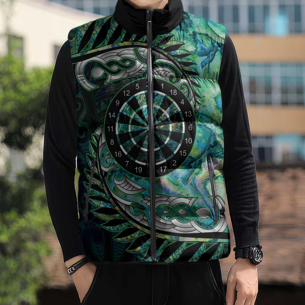 New Zealand Darts Personalised Sleeveless Puffer Jacket Aotearoa Silver Fern Green Papua Shell Spirit LT9 - Polynesian Pride