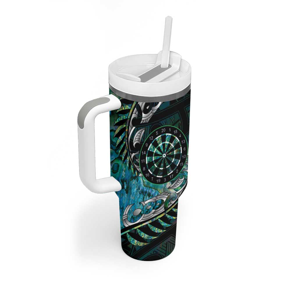 New Zealand Darts Personalised Tumbler With Handle Aotearoa Silver Fern Green Papua Shell Spirit LT9 - Polynesian Pride