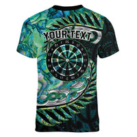 New Zealand Darts Personalised Women V-Neck T-Shirt Aotearoa Silver Fern Green Papua Shell Spirit LT9 - Polynesian Pride