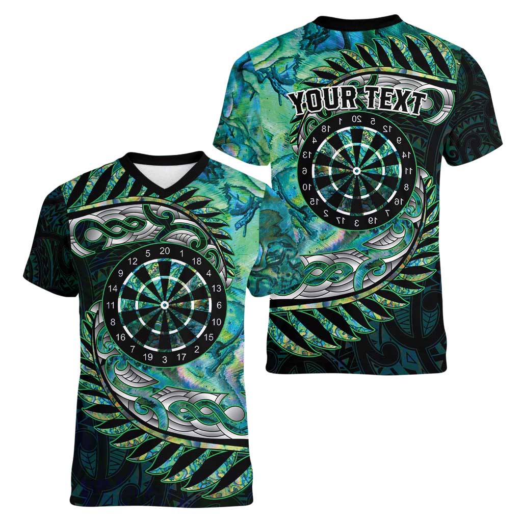 New Zealand Darts Personalised Women V-Neck T-Shirt Aotearoa Silver Fern Green Papua Shell Spirit LT9 - Polynesian Pride