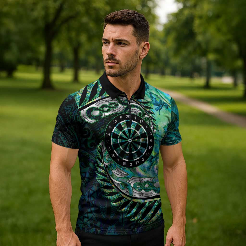 New Zealand Darts Personalised Zipper Polo Shirt Aotearoa Silver Fern Green Papua Shell Spirit LT9 - Polynesian Pride