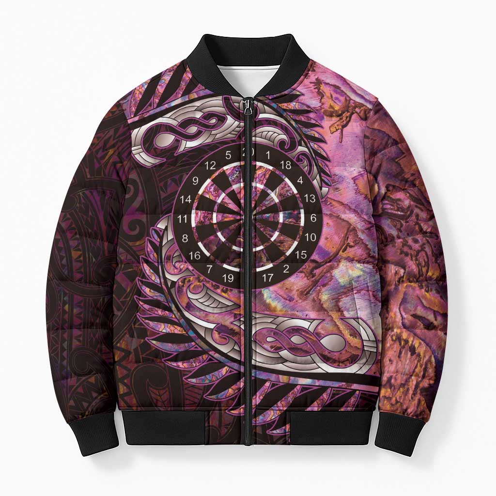 New Zealand Darts Personalised Bomber Puffer Jacket Aotearoa Silver Fern Pink Papua Shell Spirit LT9 Unisex Pink - Polynesian Pride