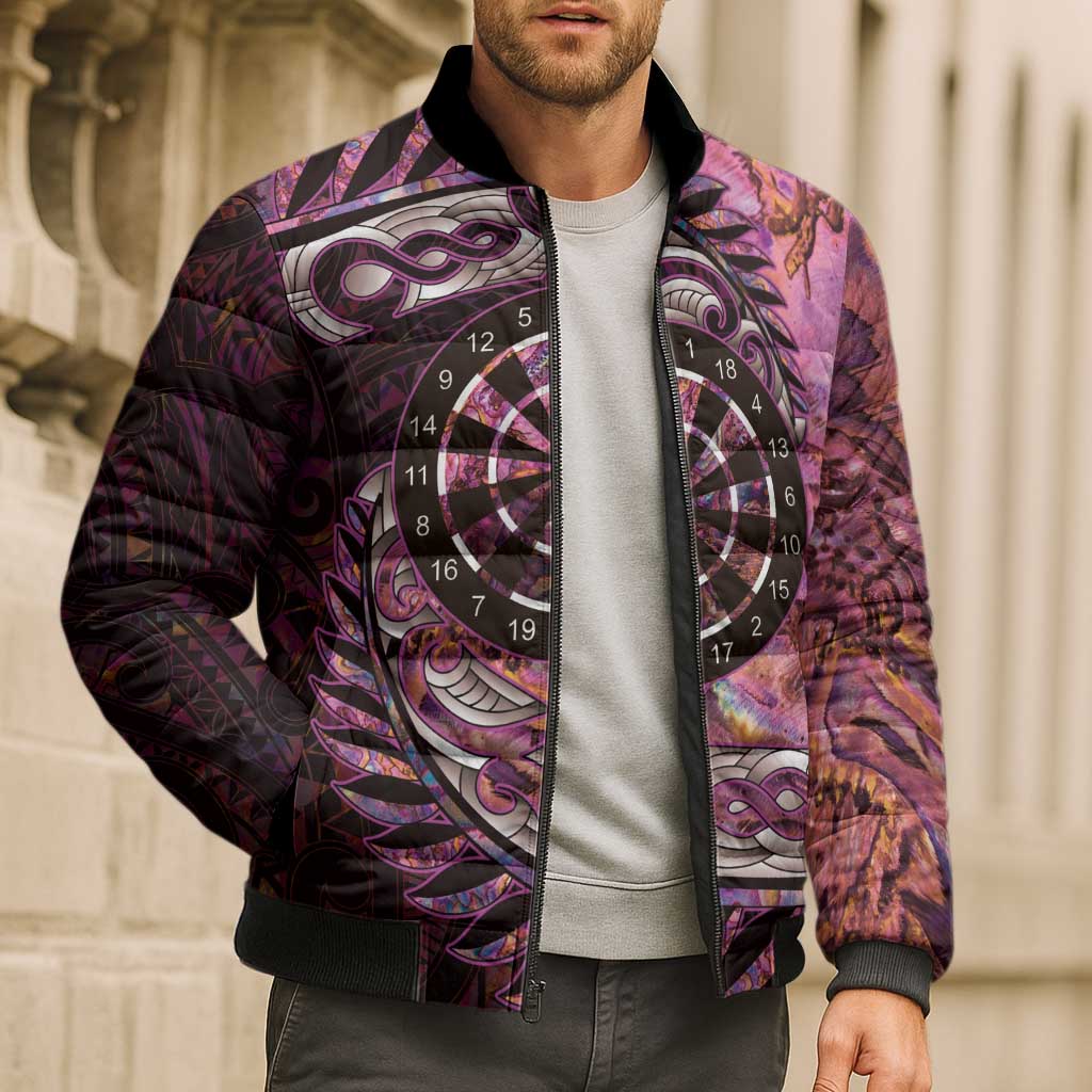 New Zealand Darts Personalised Bomber Puffer Jacket Aotearoa Silver Fern Pink Papua Shell Spirit LT9 - Polynesian Pride