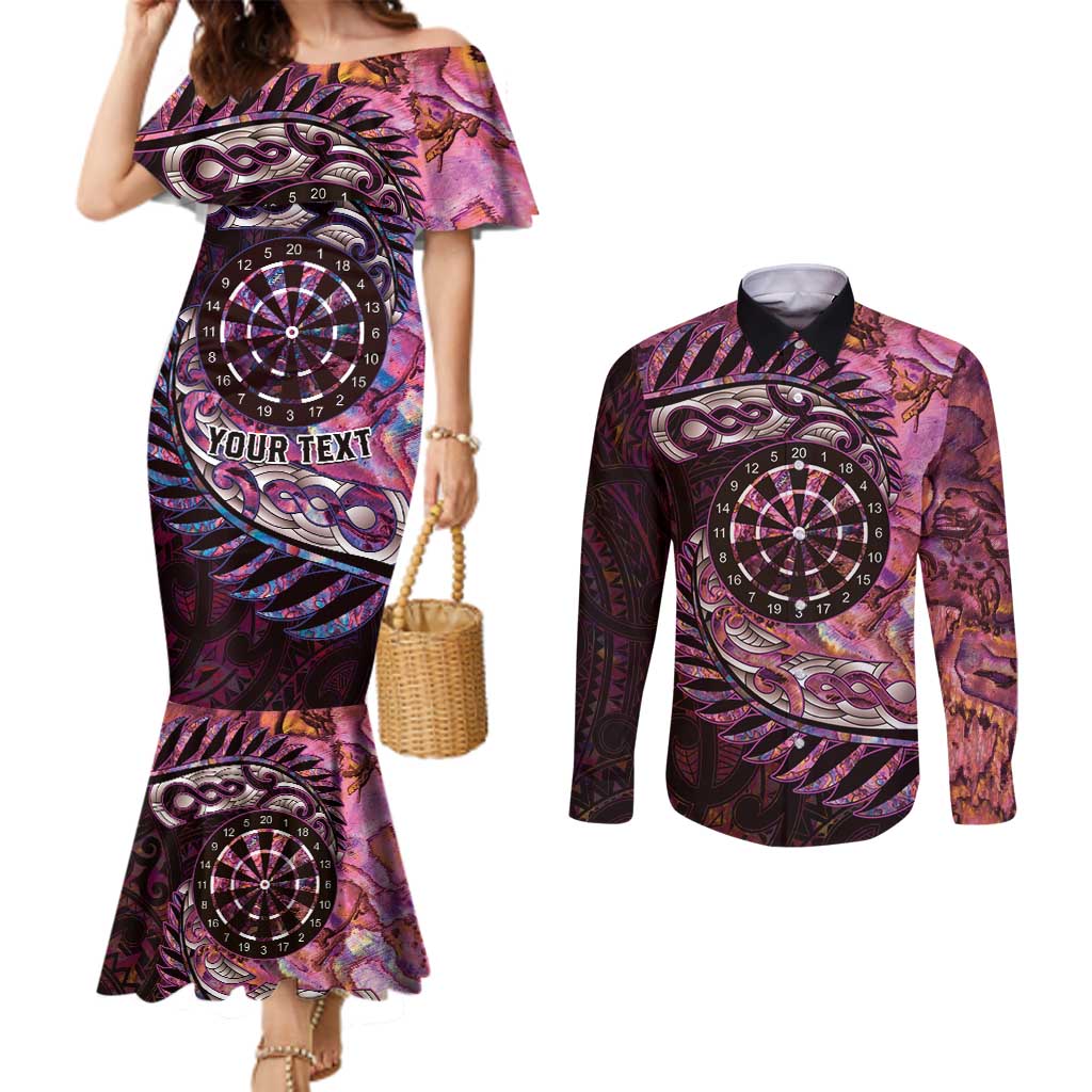 New Zealand Darts Personalised Couples Matching Mermaid Dress and Long Sleeve Button Shirt Aotearoa Silver Fern Pink Papua Shell Spirit LT9 Pink - Polynesian Pride