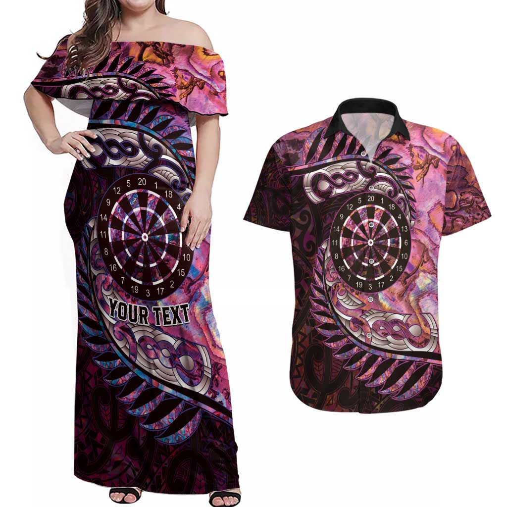 New Zealand Darts Personalised Couples Matching Off Shoulder Maxi Dress and Hawaiian Shirt Aotearoa Silver Fern Pink Papua Shell Spirit LT9 Pink - Polynesian Pride