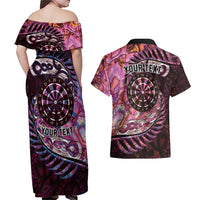 New Zealand Darts Personalised Couples Matching Off Shoulder Maxi Dress and Hawaiian Shirt Aotearoa Silver Fern Pink Papua Shell Spirit LT9 - Polynesian Pride