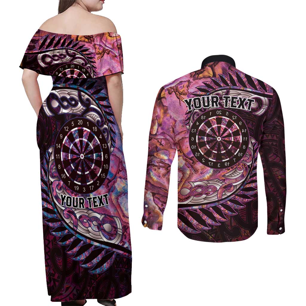 New Zealand Darts Personalised Couples Matching Off Shoulder Maxi Dress and Long Sleeve Button Shirt Aotearoa Silver Fern Pink Papua Shell Spirit LT9 - Polynesian Pride