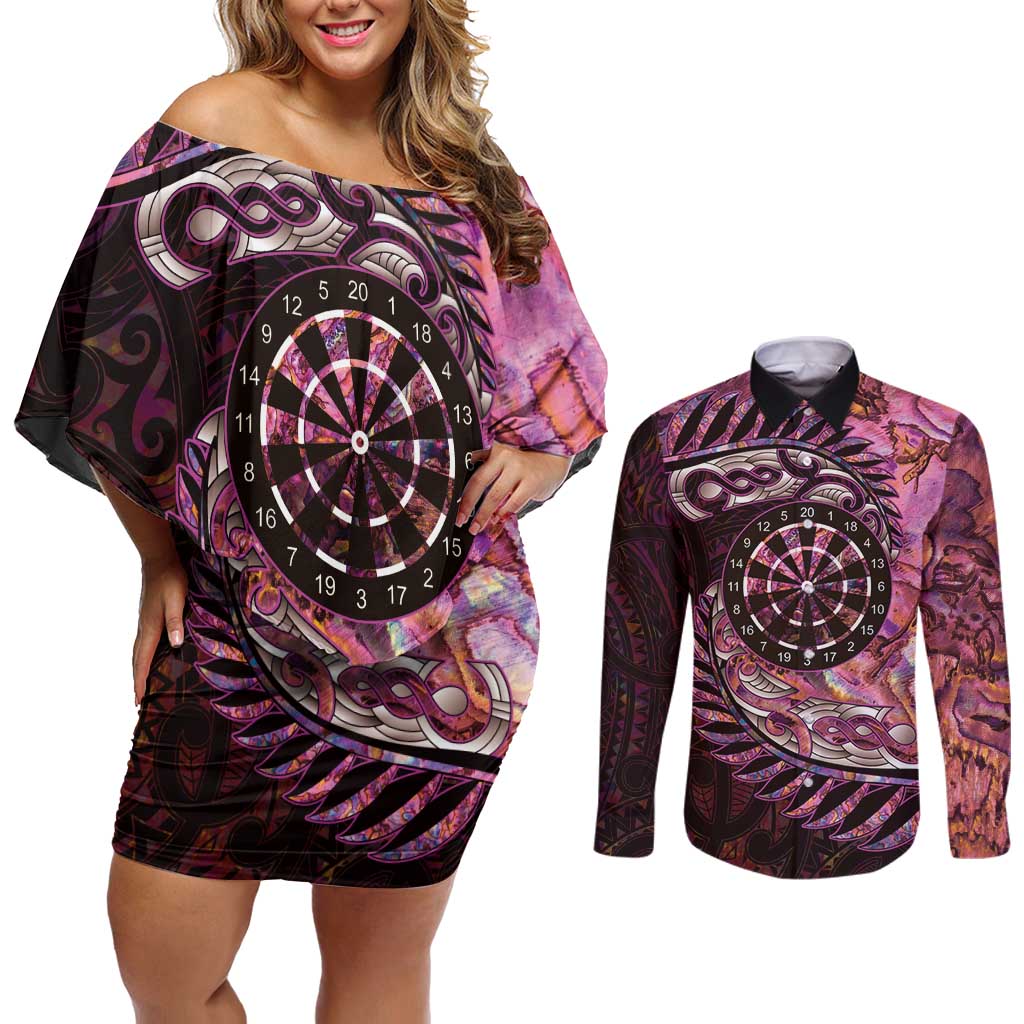 New Zealand Darts Personalised Couples Matching Off Shoulder Short Dress and Long Sleeve Button Shirt Aotearoa Silver Fern Pink Papua Shell Spirit LT9 Pink - Polynesian Pride