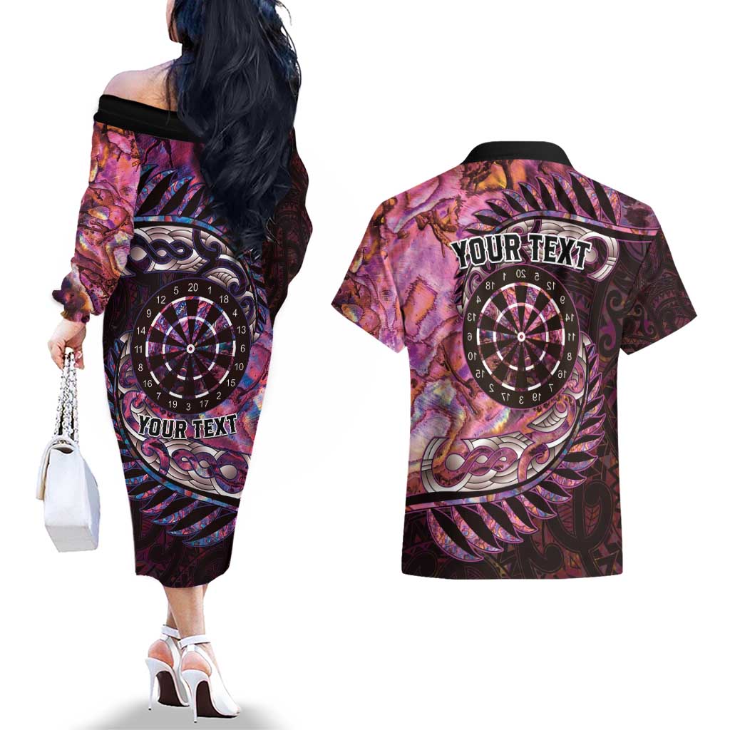 New Zealand Darts Personalised Couples Matching Off The Shoulder Long Sleeve Dress and Hawaiian Shirt Aotearoa Silver Fern Pink Papua Shell Spirit LT9 - Polynesian Pride