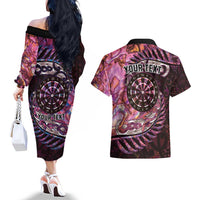 New Zealand Darts Personalised Couples Matching Off The Shoulder Long Sleeve Dress and Hawaiian Shirt Aotearoa Silver Fern Pink Papua Shell Spirit LT9 - Polynesian Pride