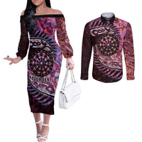 New Zealand Darts Personalised Couples Matching Off The Shoulder Long Sleeve Dress and Long Sleeve Button Shirt Aotearoa Silver Fern Pink Papua Shell Spirit LT9 Pink - Polynesian Pride
