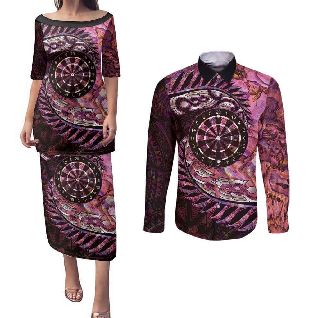 New Zealand Darts Personalised Couples Matching Puletasi and Long Sleeve Button Shirt Aotearoa Silver Fern Pink Papua Shell Spirit LT9 Pink - Polynesian Pride