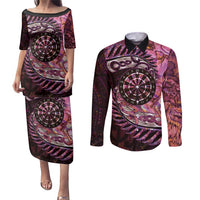 New Zealand Darts Personalised Couples Matching Puletasi and Long Sleeve Button Shirt Aotearoa Silver Fern Pink Papua Shell Spirit LT9 Pink - Polynesian Pride