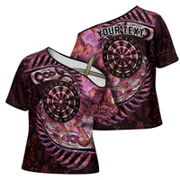 New Zealand Darts Personalised Cross Shoulder Shirt Aotearoa Silver Fern Pink Papua Shell Spirit LT9 - Polynesian Pride